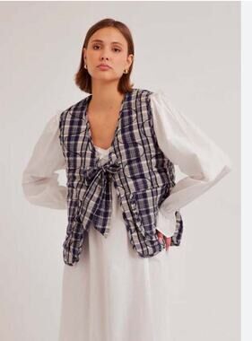 Damson Madder Arte Toggle Vest UK6 US2 Quilted Plaid Tie-Front Navy Multi